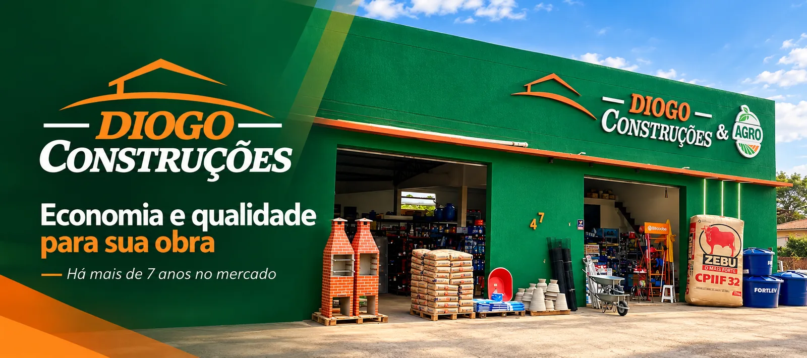 Fachada verde da Diogo Construções em Arapiraca com a frase Economia e qualidade para sua obra, há mais de 7 anos no mercado