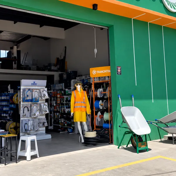 Entrada da Diogo Construções com expositores de ferramentas e carrinho de mão