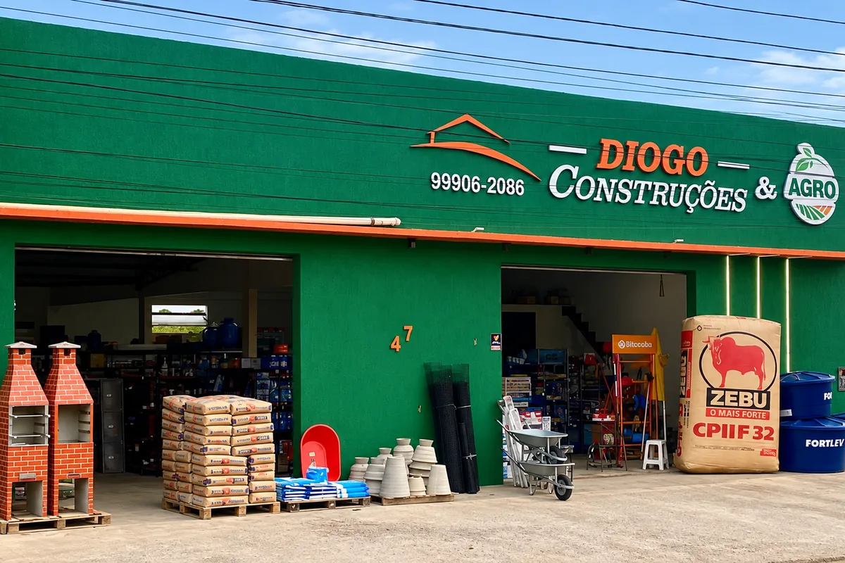 Fachada verde da Diogo Construções e Agro em Arapiraca, com cimento, churrasqueiras e caixas d'água na frente da loja